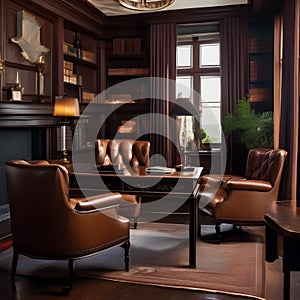 A sophisticated gentlemans study with leather armchairs, a mahogany desk, and a globe bar cart5