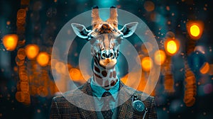 Sophisticated giraffe in a tailored suit, accessorized with a pocket watch