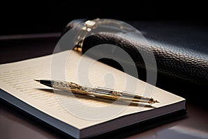 Sophisticated gold-plated pen resting on leather-bound journal. Generative AI photo