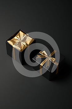 Two Black Gift Boxes Mockup with Golden Wrapping Paper, Opened and Closed On Black Background