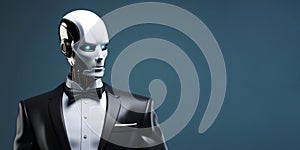 A sophisticated humanoid robot dressed in a formal black tuxedo suit on a minimal blue banner background with copy space for text