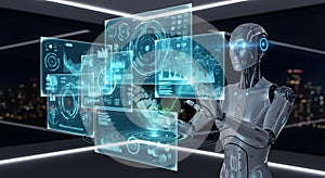 Futuristic AI Robot Analyzing Data on Holographic Interface