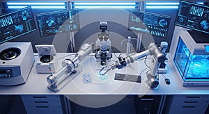 Advanced Laboratory Setup with Robotic Arm and Multiple Computer Monitors