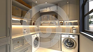 Sophisticated laundry space with marble countertops and grey cabinetry. Elegant and modern laundry room. Concept of photo