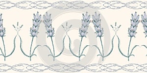 Sophisticated lavender flowers vintage style border. Hand drawn seamless vector pattern on cream background. Great for