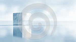 Contemporary marble cube showcase, Luxurious marble block on reflective surface, Modern marble sculpture with subtle