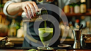 A sophisticated matcha martini stands tall, its frothy top complementing the traditional matcha tea set and bamboo whisk