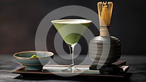 A sophisticated matcha martini stands tall, its frothy top complementing the traditional matcha tea set and bamboo whisk