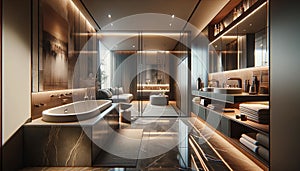 sophisticated and modern bathroom interior. The design focuses on luxury and contemporary style