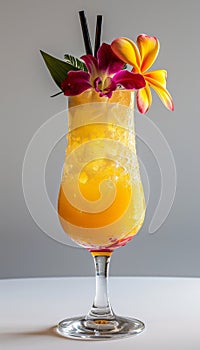 Sophisticated modern cocktail in stylish glass with vibrant adornments on white background photo