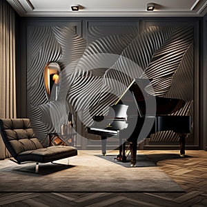 A sophisticated music room with a 3D soundwave