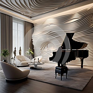 A sophisticated music room with a 3D soundwave