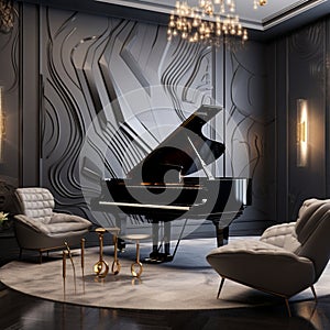 A sophisticated music room with a 3D soundwave