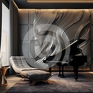 A sophisticated music room with a 3D soundwave wall