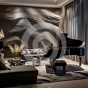 A sophisticated music room with a 3D soundwave wall art