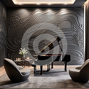 A sophisticated music room with a 3D soundwave wall art