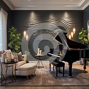 A sophisticated music room with a 3D soundwave wall art