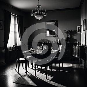 Sophisticated Noir Dining Table Setting in Dimlylit Room photo