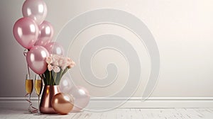 sophisticated pink balloon arrangement with champagne and roses against a minimalist backdrop