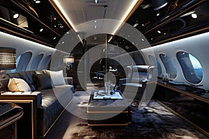 A sophisticated private jet interior boasts cream leather seats and sleek dark accents, reflecting an elite travel