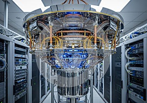 A sophisticated quantum computer setup in a modern data