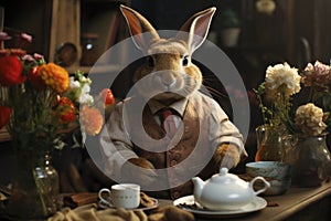 Sophisticated Rabbit Enjoys Tea Time in Elegant Attire.