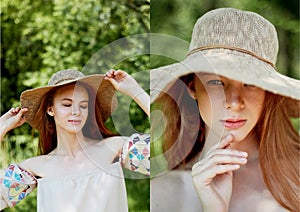 A sophisticated red-haired girl in a simple linen dress, in a light wide-brimmed hat.Model look. Natural beauty