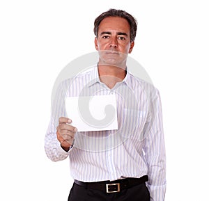 Sophisticated senior man holding a blank card