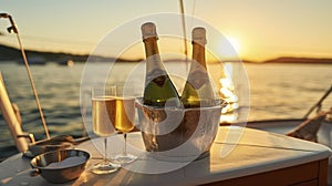 A Sophisticated Sunset Soiree on the Ocean, Featuring a Pristine Champagne Bottle in an Ice Bucket with Crystal Glasses, On board