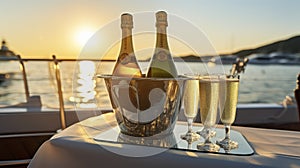 A Sophisticated Sunset Soiree on the Ocean, Featuring a Pristine Champagne Bottle in an Ice Bucket with Crystal Glasses, Onboard a