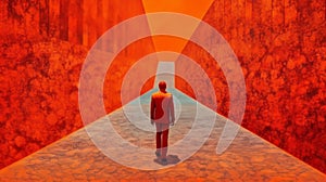 Sophisticated Surrealism: A Man Standing In An Orange Corridor