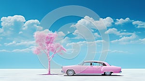 Sophisticated Surrealism: Pink Car In Blue Sky Wallpaper