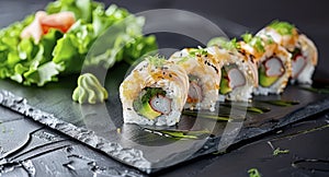 Sophisticated Sushi Rolls Complemented by Succulent Seafood and Nutritious Chuka Salad