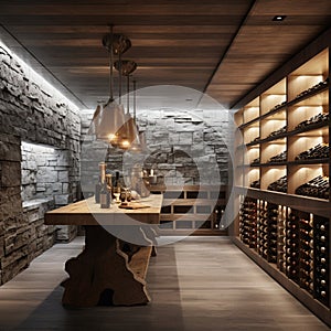 A sophisticated wine cellar with 3D stone wall cladding