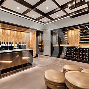 A sophisticated wine tasting room with a glass-enclosed wine cellar, a tasting bar, and elegant seating for guests1, Generative