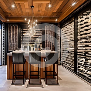 A sophisticated wine tasting room with a glass-enclosed wine cellar, a tasting bar, and elegant seating for guests5, Generative