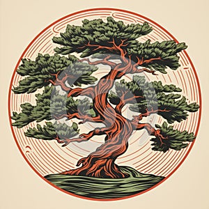 Sophisticated Woodblock Illustration Of A Meditative Pine Tree