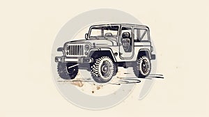 Sophisticated Woodblock Style Icon Of Old Jeep On White Background