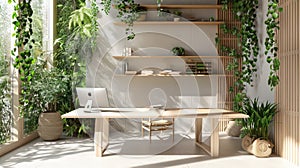 Sophisticated workspace design blending sustainability and style, highlighted by bamboo desktops and eco-conscious paper photo