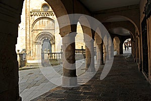 Soportales de la Plaza do Trigo y Catedral de San Martin en la ciudad de Ourense Orense, Galicia, EspaÃÂ±a photo