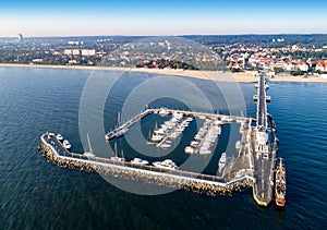 Sopot resort in Poland with pier, marina yachts, ship, beach