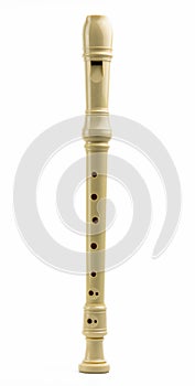 Soprano Descant recorder. Plastic recorder flute isolated on white background with copy space for text.