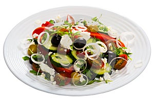 Sopska salad with fresh tomato, onion, cucumber and brynza cheese