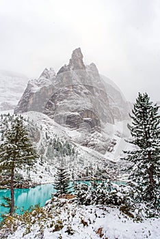 Sorapis lake in dolomiti, italy. photo