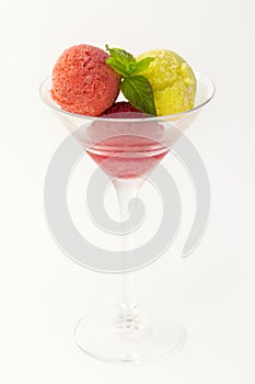 Sorbet, balls of ice cream in a glass glass