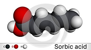 Sorbic acid, 2,4-hexadienoic acid, E200 molecule. It is hexadienoic and polyunsaturated fatty acid. It is conjugate acid of