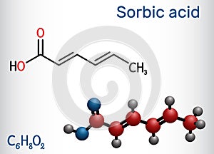 Sorbic acid, 2,4-hexadienoic acid, E200 molecule. It is hexadienoic and polyunsaturated fatty acid. It is conjugate acid of