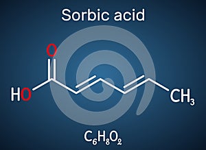 Sorbic acid, 2,4-hexadienoic acid, E200 molecule. It is hexadienoic and polyunsaturated fatty acid. It is conjugate acid of