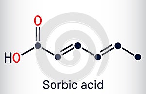 Sorbic acid, 2,4-hexadienoic acid, E200 molecule. It is hexadienoic and polyunsaturated fatty acid. It is conjugate acid of