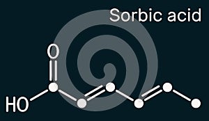 Sorbic acid, 2,4-hexadienoic acid, E200 molecule. It is hexadienoic and polyunsaturated fatty acid. It is conjugate acid of sorbat